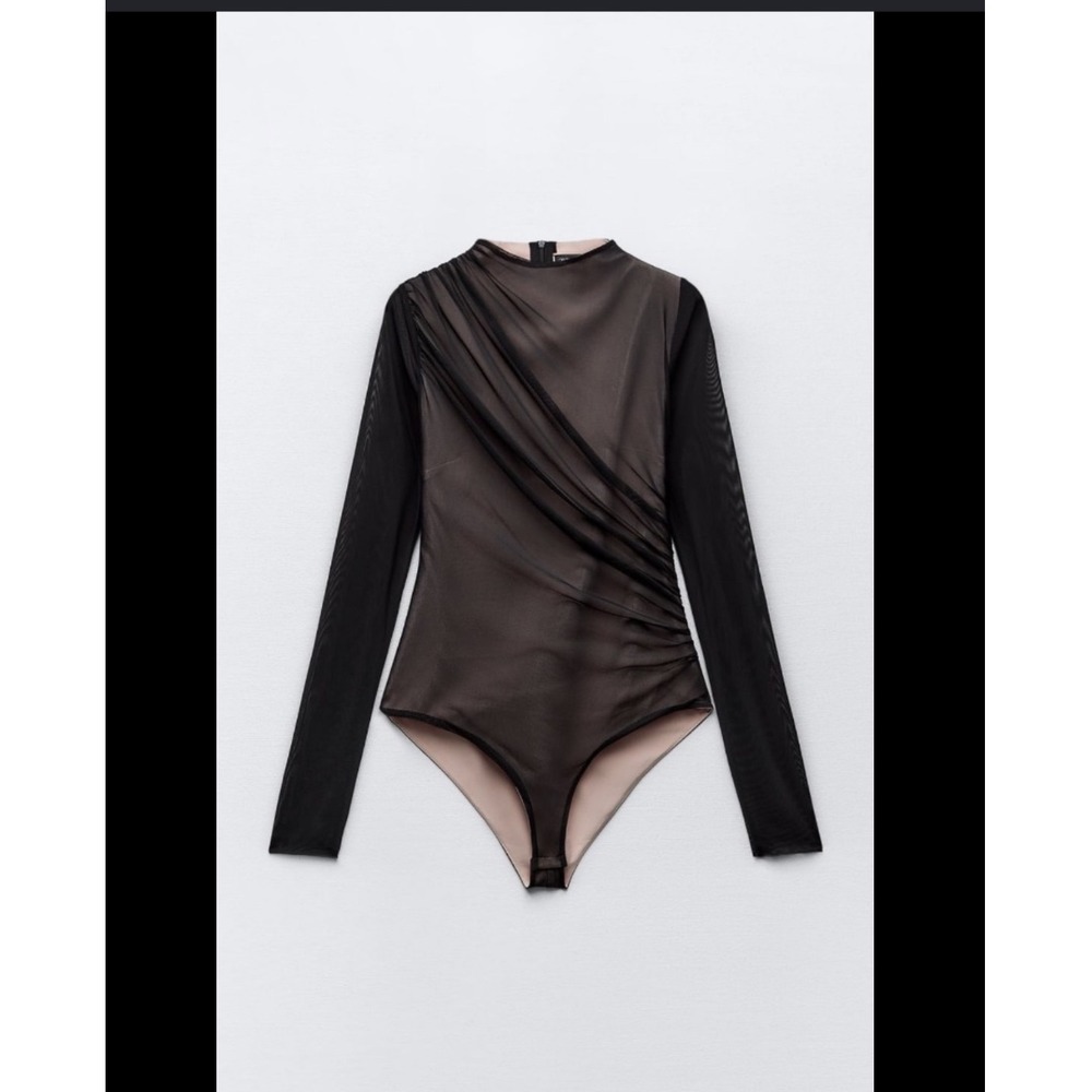 Zara Mesh Whimsigoth Witchy Bodysuit Black Long Sleeve Ruched Mock Neck Small